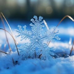 Wall Mural -  a close up of a snowflake in the snow with grass in the foreground and a blurry background.