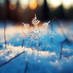 Sticker -  a snowflake sitting in the middle of a field of snow with the sun shining through the trees in the background.