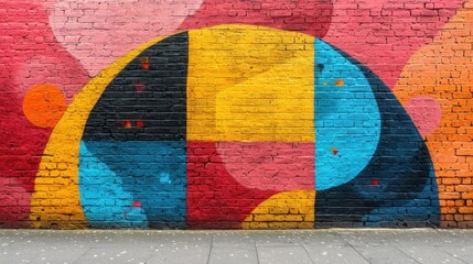 Wall Mural -  a brick wall with a colorful mural painted on it's side and a sidewalk in front of the wall.