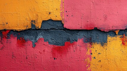 Poster -  a close up of a painted wall with red, yellow, blue and black paint splattered on it.