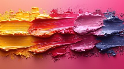 Sticker -  three different colors of paint on a pink and red background with a yellow and blue stripe on the left side of the image.