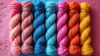 Canvas Print -  a row of skeins of multicolored yarn on a pink, blue, orange, and pink background.