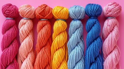 Poster -  six skeins of multicolored yarn lined up in a row on a pink background with one skein of multicolored skeins.