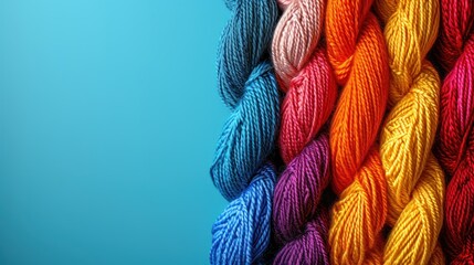 Poster -  a group of multicolored skeins of yarn are arranged in a rainbow - hued pattern on a blue background.