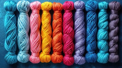 Canvas Print -  a row of multicolored skeins of yarn lined up in a row on top of a blue surface.