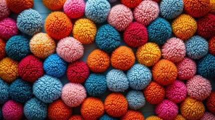 Poster -  a pile of multicolored pom poms sitting on top of a white table next to each other.