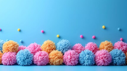 Canvas Print -  a row of multicolored pom pom poms on a blue background with a row of multicolored pom pom pom pom pom poms.