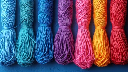 Canvas Print -  a row of multicolored skeins of yarn lined up in a rainbow - hued row on a blue surface.