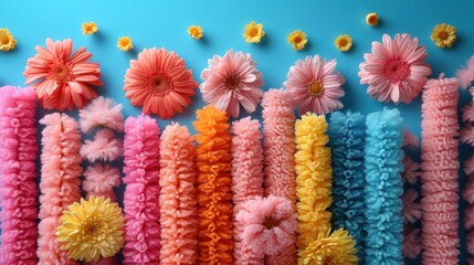 Poster -  a group of colorful flowers sitting on top of a blue wall next to a row of pink, yellow, and orange flowers.