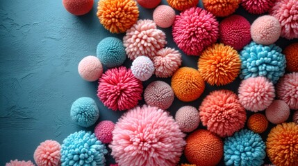 Wall Mural -  a bunch of different colored pom poms on a blue and pink background with space for a text on the left side of the pom pom pom pom pom poms.