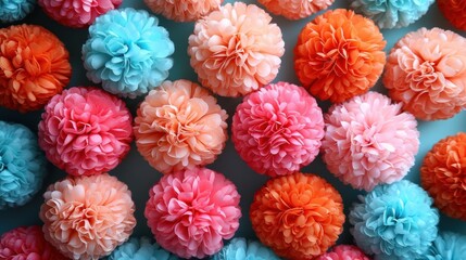 Wall Mural -  a close up of a bunch of different colored pom poms on a white surface with other pom poms in the background.