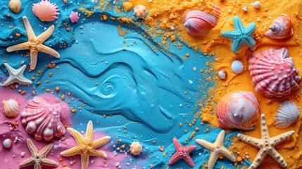 Wall Mural -  a close up of a cake decorated with seashells and starfish on top of blue and yellow icing.