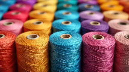 Poster -  a row of spools of multicolored thread sitting on top of each other on a table in front of a row of spools of spools of spools of multicolored spools.