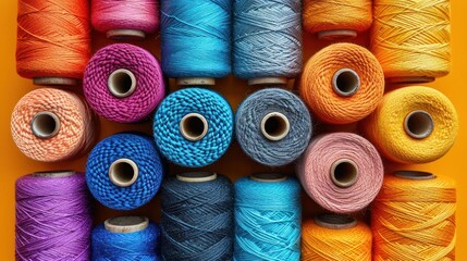 Canvas Print -  a bunch of spools of yarn sitting next to each other on a yellow surface with a yellow background.