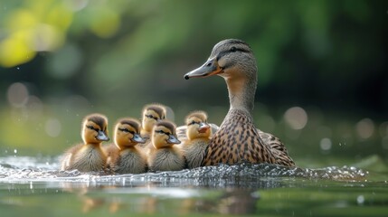 Canvas Print -  a mother duck with her ducklings swimming in a pond on a sunny day with green trees in the background.