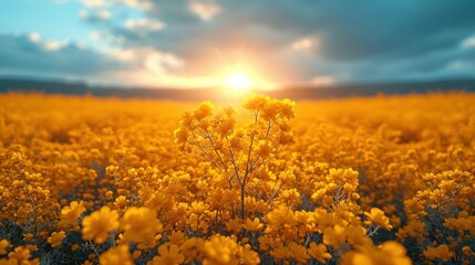 Poster -  a field full of yellow flowers with the sun setting in the middle of the sky in the middle of the day.