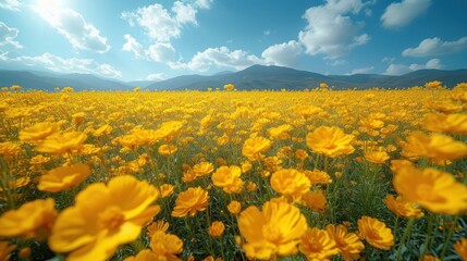 Poster -  a field full of yellow flowers under a blue sky with a mountain range in the distance in the distance is a blue sky with clouds.