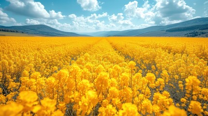 Poster -  a large field full of yellow flowers under a blue sky with a mountain range in the distance in the distance.