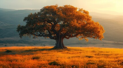 Canvas Print -  a tree in the middle of a field with mountains in the backgrouf of the picture in the background.