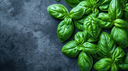 Poster -  a pile of fresh green basil leaves on a gray stone background with copy - space for a text or image.