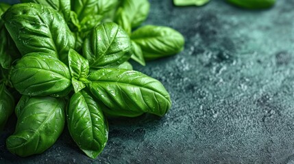 Poster -  a pile of green basil leaves on a gray surface with drops of water on the tops of the basil leaves.