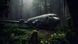 Old military plane, abandoned, in the middle of a dark forest with moss