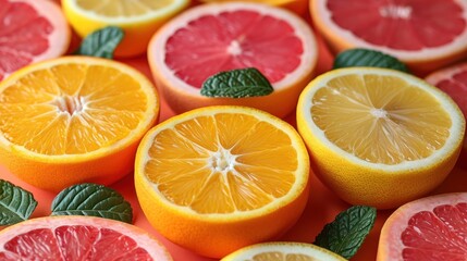 Poster -  oranges, grapefruits, and grapefruits cut in half with leaves on a pink surface.