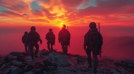 Canvas Print -  a group of soldiers standing on top of a mountain under a cloudy sky with the sun setting in the distance.