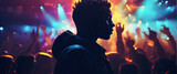 Fototapeta  - The Portrait in a silhouette double exposure. The Concert, a musician, is shown with intense color contrast, their face illuminated by vibrant stage lights, and their silhouette blending into a crowd 
