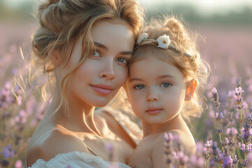 mother and daughter against the background of a lavender field