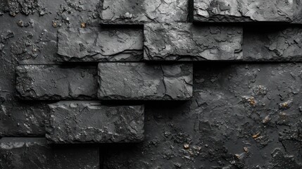 Poster -  a black and white photo of a wall made out of blocks of rock and cement with rust on the edges.