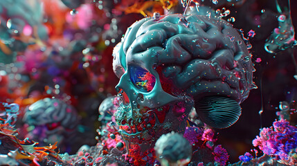 Poster - Brain activity, kaleidoscopic, Clowncore, diorama, close-up,
