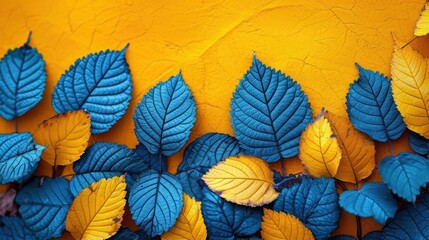 Wall Mural -  a group of blue and yellow leaves on a yellow and yellow wall with blue and yellow leaves on the side of the wall.