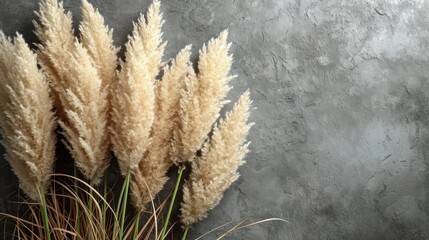 Poster -  a close up of a plant with long grass in front of a concrete wall with a plant in the foreground and grass in the foreground.