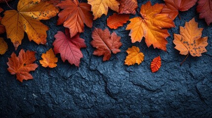 Poster -  a group of orange and yellow leaves on a black surface with a blue background and a black background with a red, orange, and yellow leaf pattern on the left side of the left side of the.