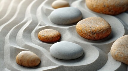  a group of rocks sitting on top of a sand covered ground with a wave design in the middle of one of the rocks and two of the rocks in the middle of the rock.