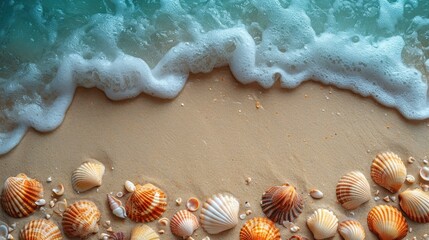 Sticker -  a group of seashells on a sandy beach with a wave coming in and out of the water on a sunny day with blue sky and white foamy waves.