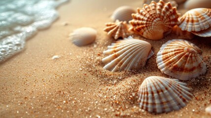 Sticker -  a group of sea shells sitting on top of a sandy beach next to a wave crashing on top of the sand and a body of water in front of the ocean.