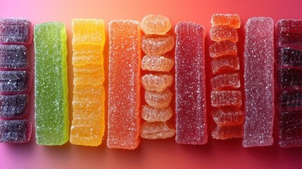 Canvas Print -  a row of gummy bears sitting next to each other on top of a pink and green and orange background with a pink and red and yellow stripe in the middle.