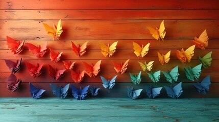 Poster -  a group of origami butterflies hanging on a wooden wall with a rainbow of colors in the middle of the picture and a wooden planked wall behind them.