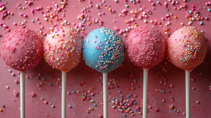 Wall Mural -  a row of cake pops with sprinkles on them on a pink surface with sprinkles on the top of the lollips and the lollips.