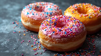 Poster -  three donuts with pink frosting and sprinkles on top of a black surface with colorful sprinkles on the top of the donuts.