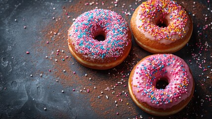 Sticker -  three donuts with pink, blue, and yellow sprinkles on a black surface with sprinkles on the top of the doughnuts.