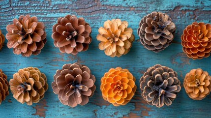 Canvas Print -  a group of pine cones sitting on top of a blue wooden table covered in orange and brown flowers on top of each of the cones is a blue wooden surface.