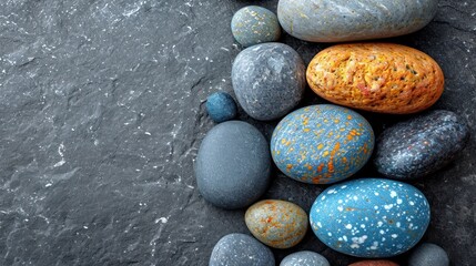 Poster -  a pile of different colored rocks sitting on top of a black rock covered in flecks of white and orange speckles on top of a black surface.