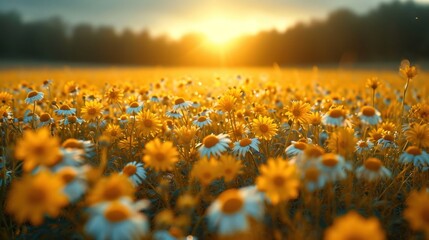 Poster -  a field full of yellow and white flowers with the sun setting in the distance in the distance in the distance is a field with yellow and white daisies in the foreground.