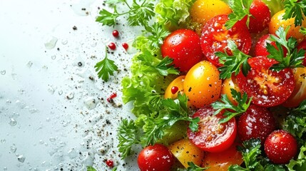 Sticker -  a salad with tomatoes, lettuce, and parsley on a white surface with drops of water on the surface and on the top of the salad is a sprig.