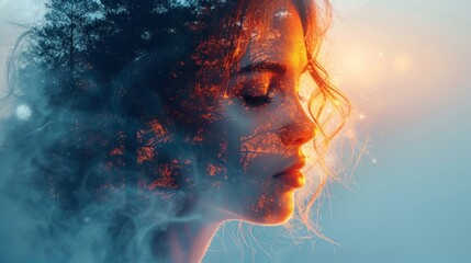 Poster -  a close up of a woman's face with a lot of smoke coming out of her hair and the sun shining through the smoke coming out of her hair.