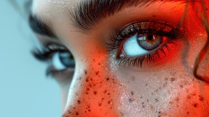 Canvas Print -  a close up of a woman's face with freckles on her face and her eyes are blue and her hair is red and her eyes are covered in freckled with freckles.