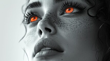 Canvas Print -  a close up of a woman's face with bright orange eyes and freckles on her face, with freckles in the shape of her eyes.